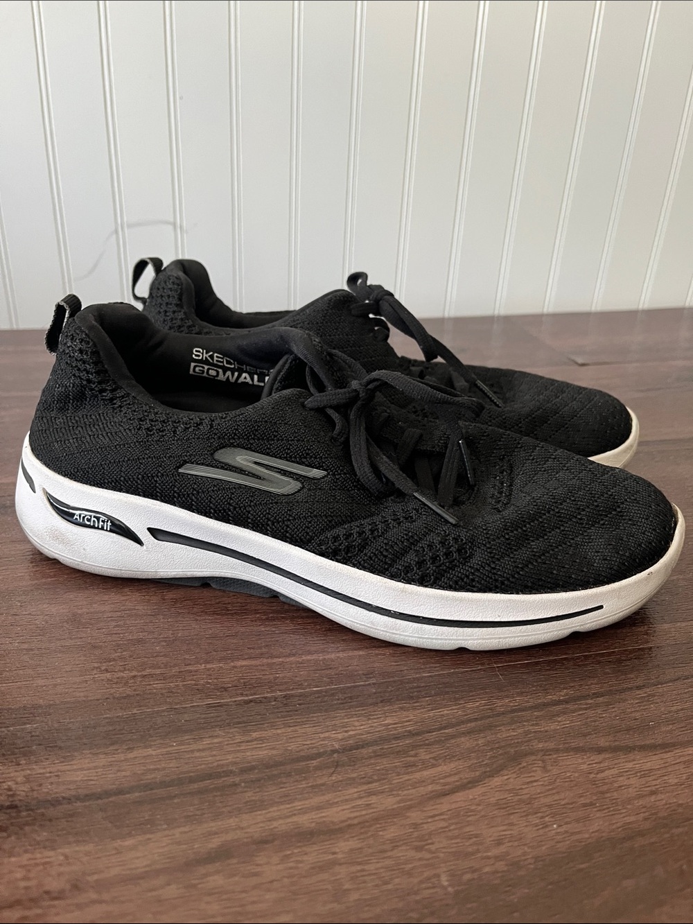 Skechers Go Walk Arch Fit Black Knit Lace-Up Sneakers with White Midsole